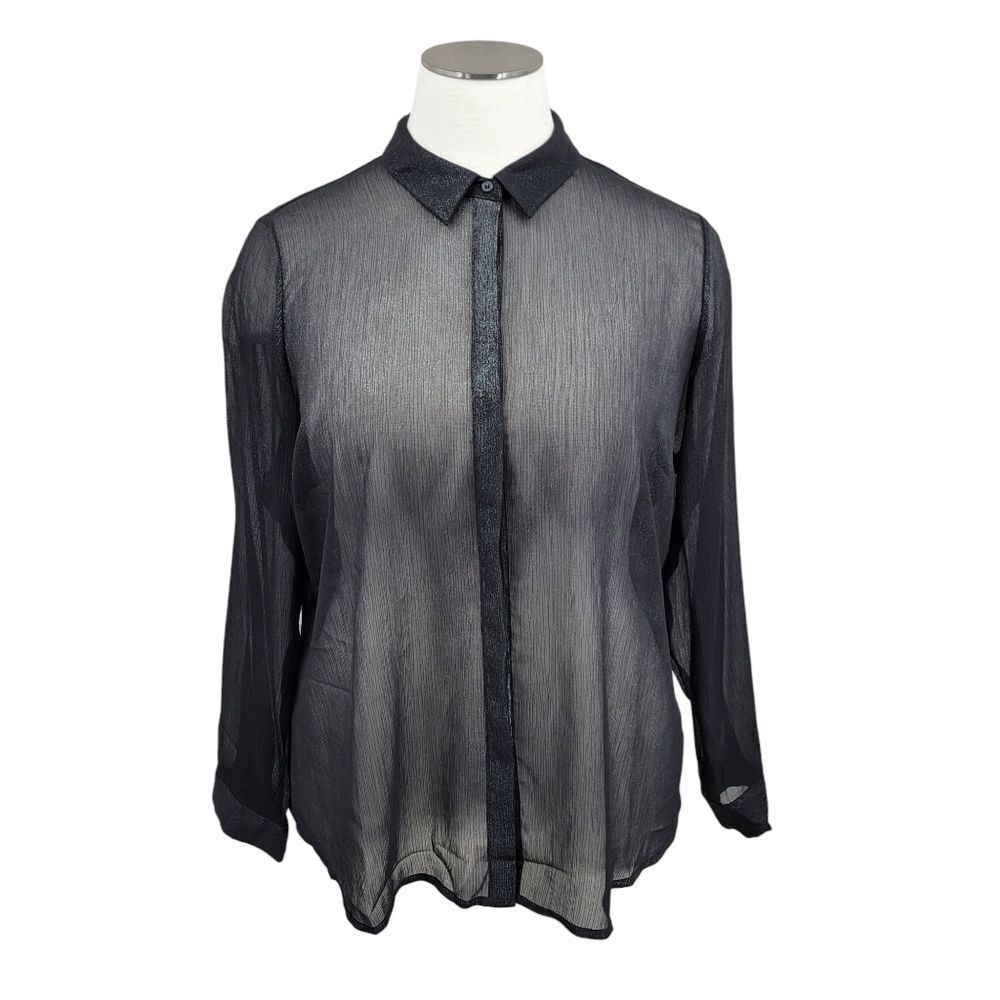 Lane Bryant Y2k Black Silver Sheer Chiffon Button Down Blouse Women's Plus Size